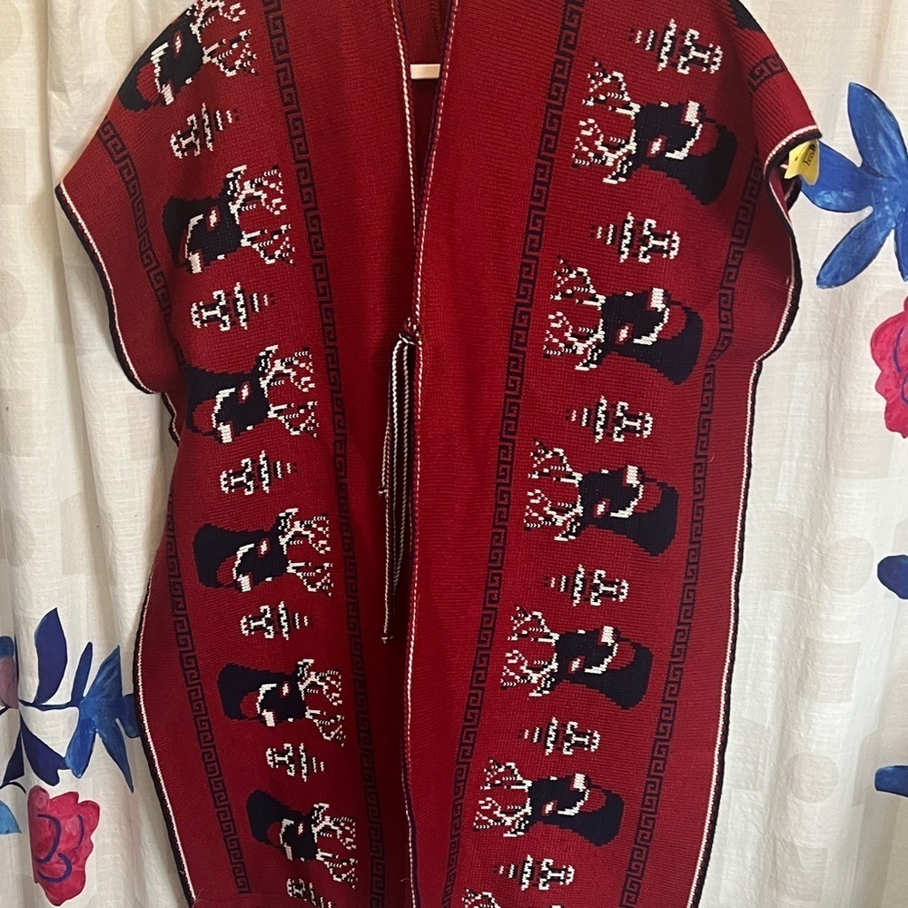Mexican Tribal Sweater Coat Poncho-Blanket 70s Red Knit Fringe southwest boho